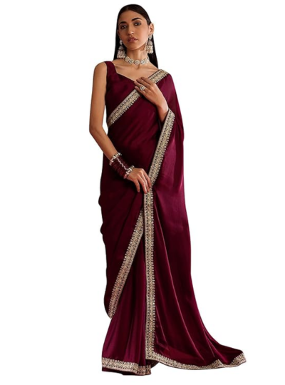 Maroon Women's Satin Solid Printed Saree With Unstitched Blouse