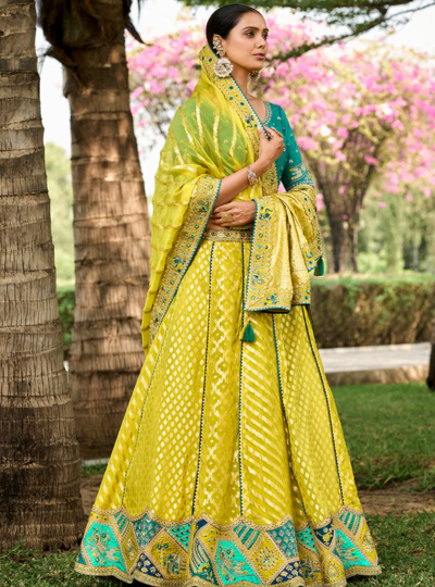 Yellow Organza Silk Embroidered Cut Work Semi Stitched Lehenga Choli