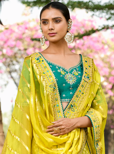 Yellow Organza Silk Embroidered Cut Work Semi Stitched Lehenga Choli