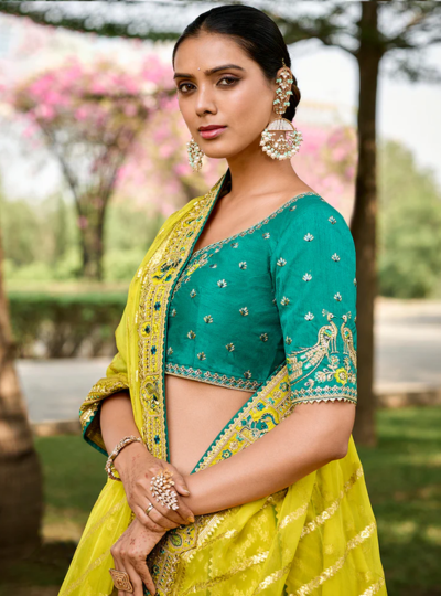 Yellow Organza Silk Embroidered Cut Work Semi Stitched Lehenga Choli