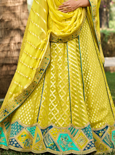 Yellow Organza Silk Embroidered Cut Work Semi Stitched Lehenga Choli