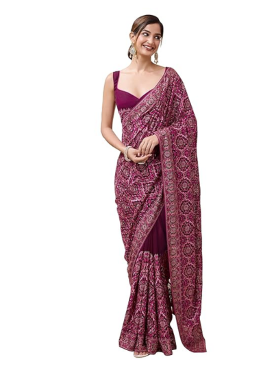 Women's Vichitra Silk Heavy Embroidery Work Saree with Blouse Piece