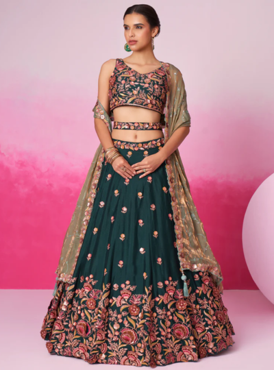 Green - Golden Dull-Bright Sequin,Threaded,Zarkan Embroidered Organza Semi-Stitched Lehenga choli