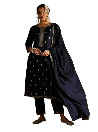 INDO ERA Women's Embroidered Silk Blend Calf Length Straight Kurta Pant With Dupatta Set (inspiration) made by Aradhya