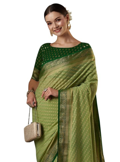 green Women's Georgette Banarasi Silk Saree with Unstitched Blouse Piece