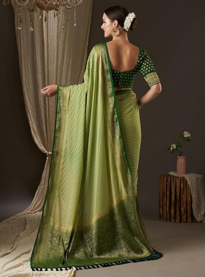 green Women's Georgette Banarasi Silk Saree with Unstitched Blouse Piece