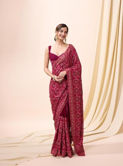 Women's Vichitra Silk Heavy Embroidery Work Saree with Blouse Piece