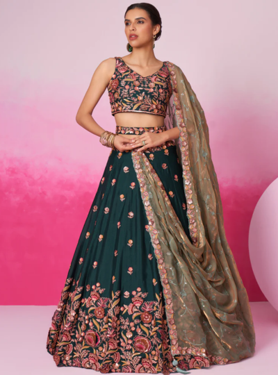 Green - Golden Dull-Bright Sequin,Threaded,Zarkan Embroidered Organza Semi-Stitched Lehenga choli