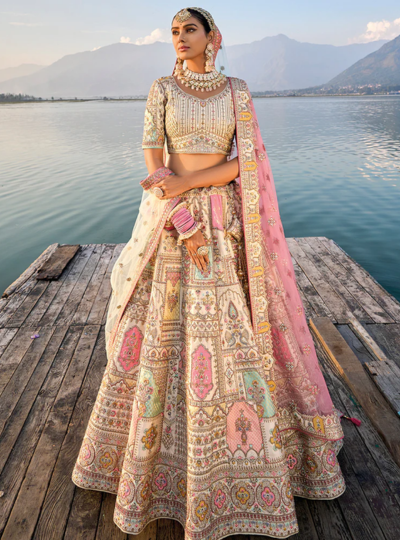 Off-White Banarasi Silk Hand Work Embroidered Bridal Semi Stitched Lehenga with Single Peach Color Dupatta