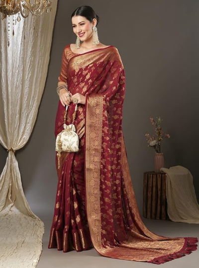 Women's Georgette Zari Woven Design Kanjeevaram Saree With Unstitched Blouse Piece