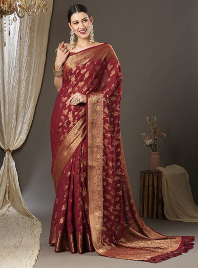 Women's Georgette Zari Woven Design Kanjeevaram Saree With Unstitched Blouse Piece