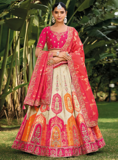 Off-White-Pink Organza Silk Embroidered Cut Work Semi Stitched Lehenga Choli