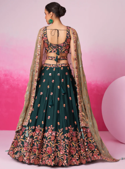 Green - Golden Dull-Bright Sequin,Threaded,Zarkan Embroidered Organza Semi-Stitched Lehenga choli