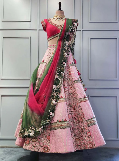 Pink and Green Embroidered Bridal Lehenga