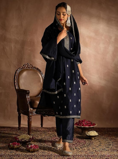 INDO ERA Women's Embroidered Silk Blend Calf Length Straight Kurta Pant With Dupatta Set (inspiration) made by Aradhya