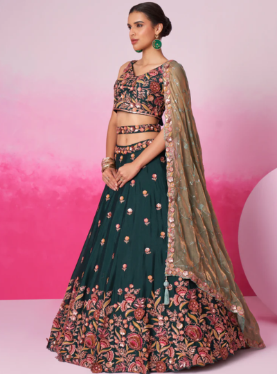 Green - Golden Dull-Bright Sequin,Threaded,Zarkan Embroidered Organza Semi-Stitched Lehenga choli