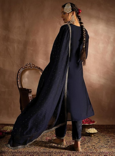 INDO ERA Women's Embroidered Silk Blend Calf Length Straight Kurta Pant With Dupatta Set (inspiration) made by Aradhya