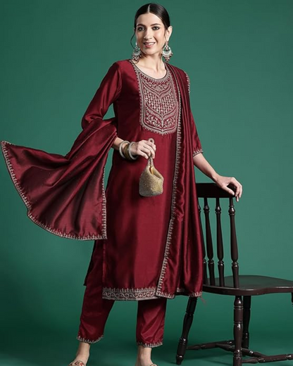 INDO ERA Women's Embroidered Silk Blend Straight Kurta Pant With Dupatta Set