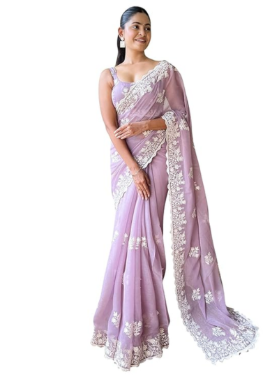 Women's Multicolor Georgette Embroidered Saree With Blouse Piece