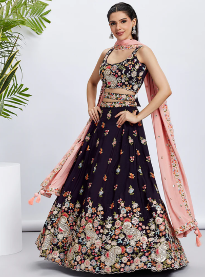 Rosegold Organza Silk Embroidered Cut Work Semi Stitched Lehenga Choli