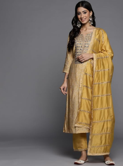 VARANGA digital printed embroidered kurta with straight pant and embroidered dupatta by Aradhya