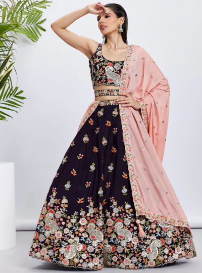 Rosegold Organza Silk Embroidered Cut Work Semi Stitched Lehenga Choli