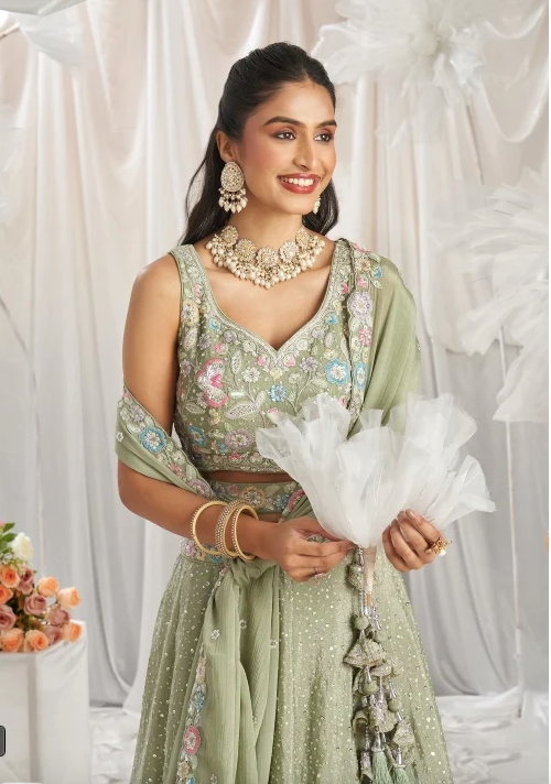 Light Green Chiffon Sequinned and Floral Embroidered Lehenga By Aradhya