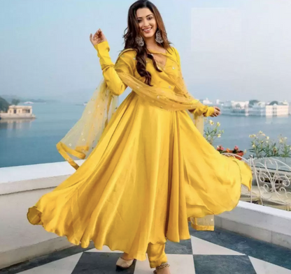 Women Solid Cotton Blend Anarkali Kurta  (Yellow)