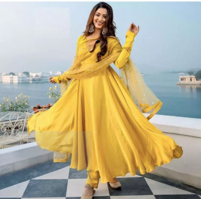 Women Solid Cotton Blend Anarkali Kurta  (Yellow)