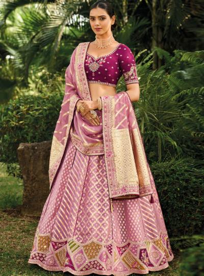 Banarasi Silk Hand Work Embroidered Bridal Semi-Stitched Lehenga with Peach Dupatta