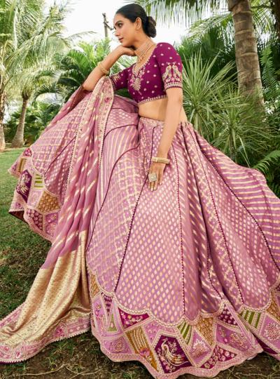 Banarasi Silk Hand Work Embroidered Bridal Semi-Stitched Lehenga with Peach Dupatta