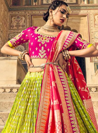 Banarasi Silk Hand Work Embroidered Bridal Semi-Stitched Lehenga with Peach Dupatta