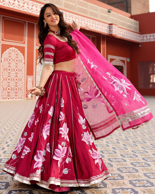 Magenta Pink Handpainted Lehenga Set by aradhya